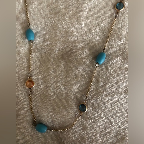 Stunning long layered beaded pendant, blues, peach, gold coloured chain - Picture 2 of 5